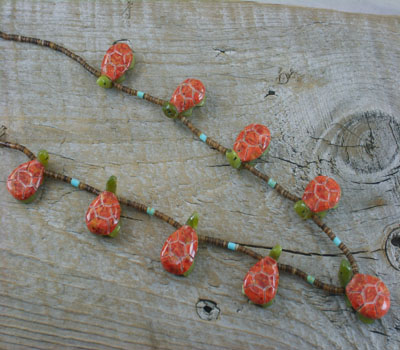 Southwest Turtle Fetish Coral & Richolite Carved Necklace